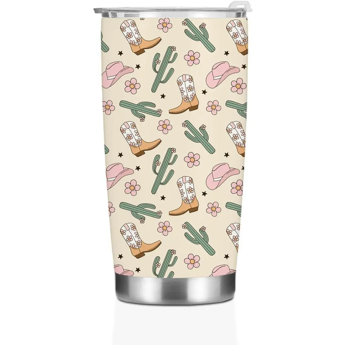 Cute Western Cowgirl 20oz Stainless Steel Insulated Tumbler with Lid, Pink Cowboy Hat Boots Cactus Floral Printed Travel Coffee Mug, Gift for Women Girls