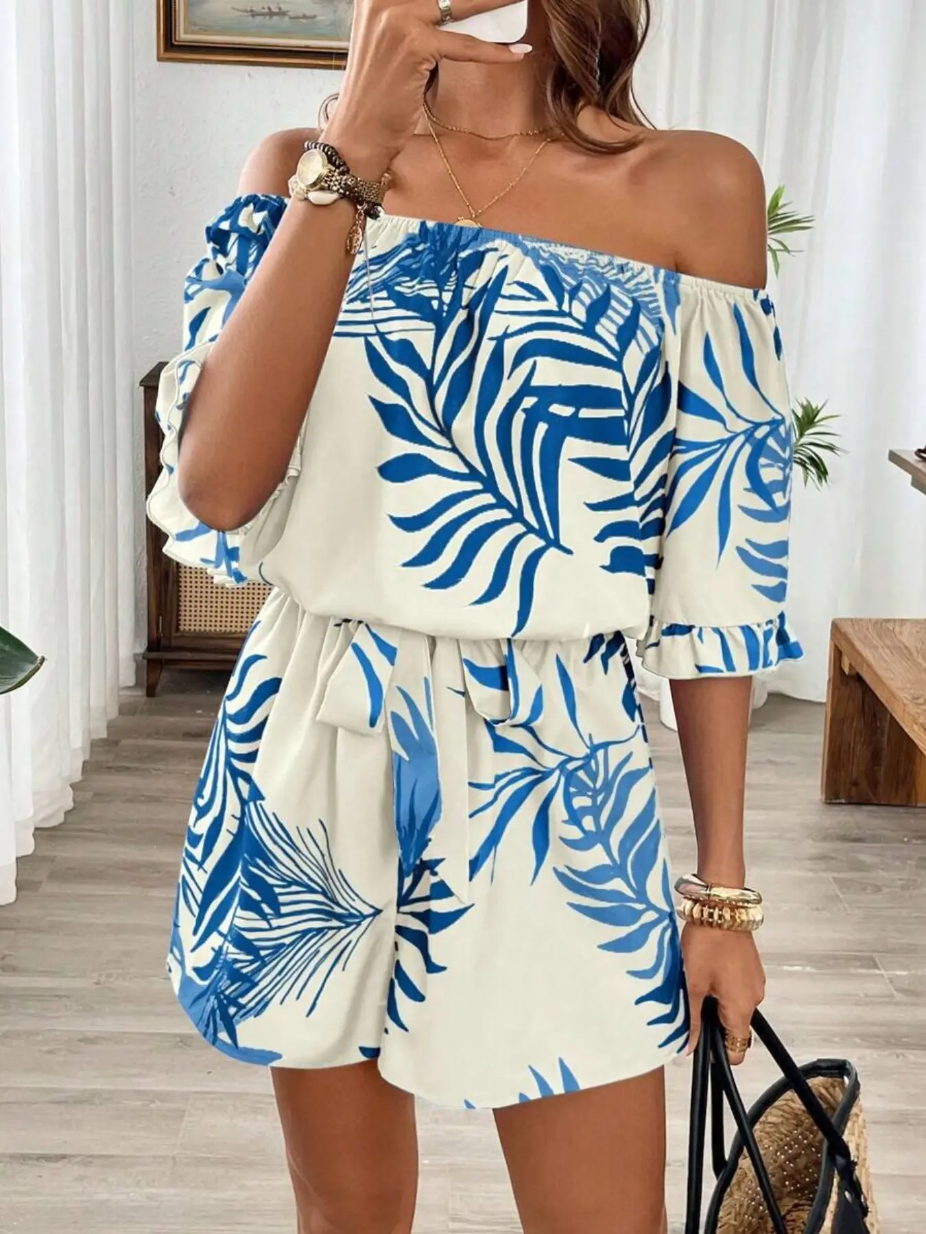 Hawaiian Style Ruffled Sleeve Waist Cinched Dress, Print, Summer Fashion, Women's Casual Wear, Boho Style Clothes, Casual Boho Fashion, Casual Trendy Boho, Comfortable and Stylish, Perfect for Parties and Daily Use