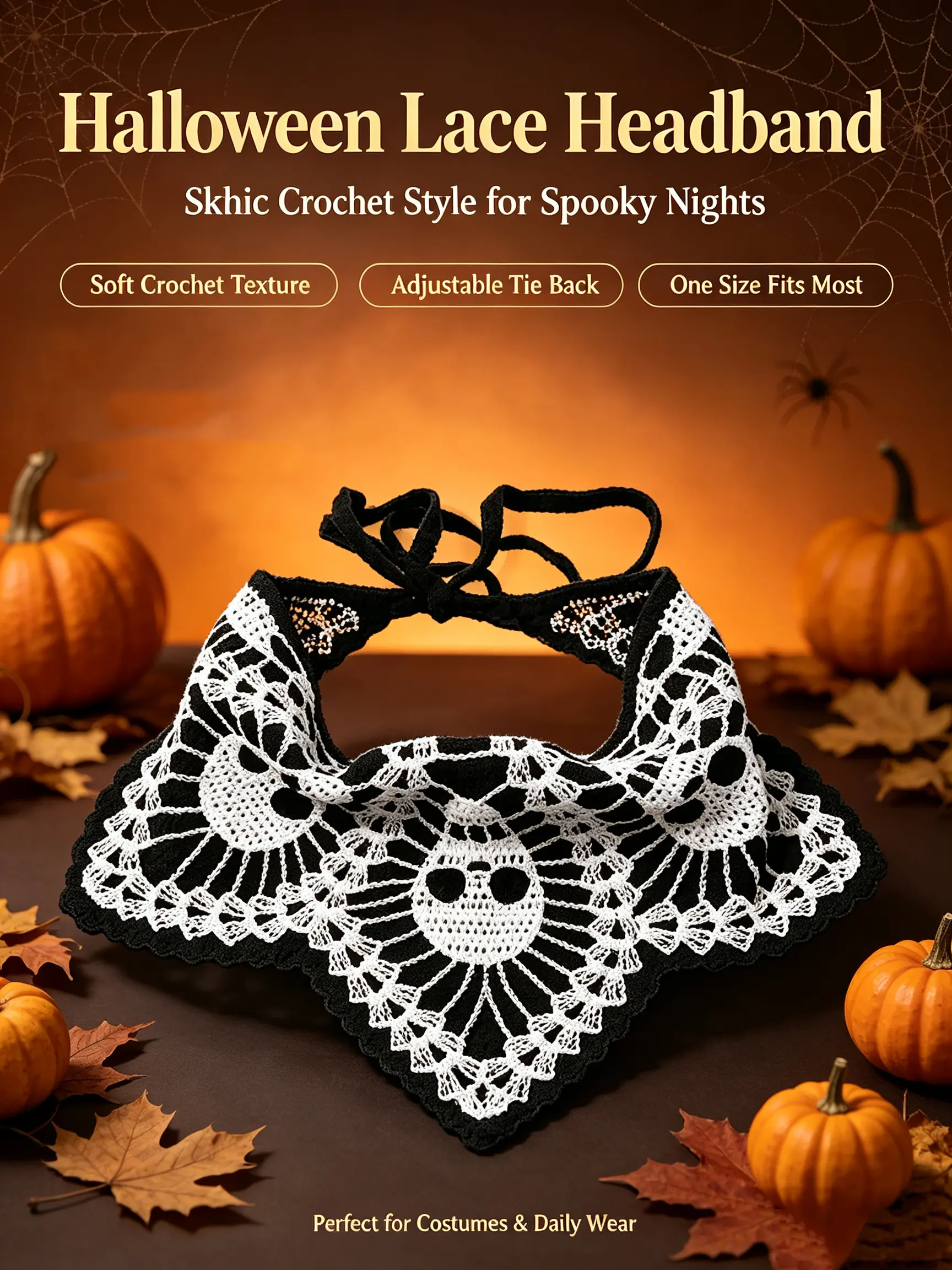 Halloween Skull Embroidery Crochet Hair Band, Cute Spooky Hair Accessory for Women & Girls, Boho Fashion for Party & Daily Wear