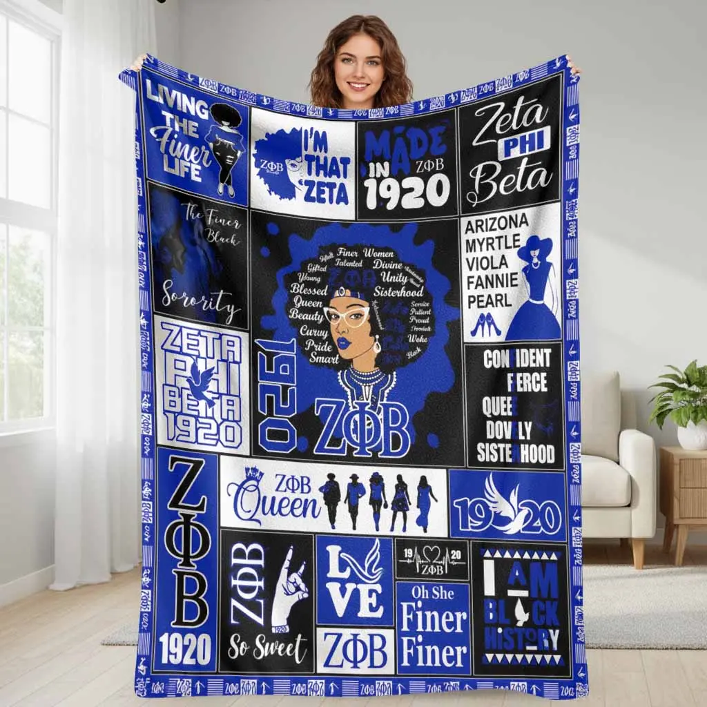 Zeta Phi Beta Inspired Flannel Throw Blanket 30x40 inches Blue White African American Sorority Print AntiPill Wrinkle Resistant Soft Cozy Warm Aesthetic for Bedroom Office Sorority Pride Gift Celebrations