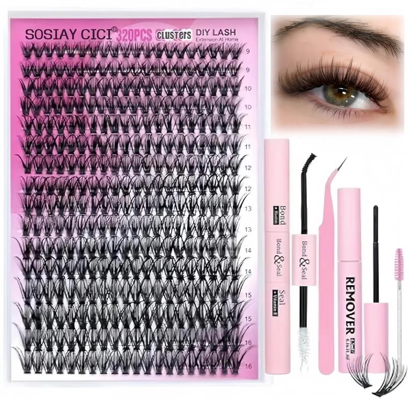 DlY Eyelash Extension Kit Summer Style 320 Pcs 40D Curl Clusters Individual False Eyelashes, Mixed 9-1ómm, with Lash Bond & Seal, Tweezers, Remover, Clear Glue, Eye Makeup Enhancement Products, DlY Lash Extensions at Home, New Year's Day Gift Cosmetic