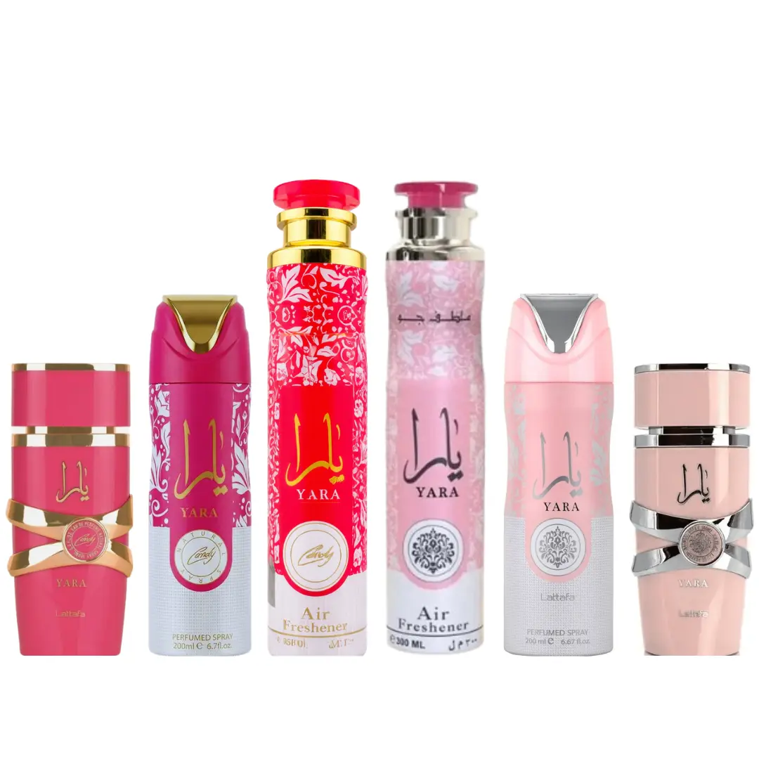 Lattafa 6-Piece Sweet Creamy Women's Fragrance Bundle - Yara Candy EDP, Yara, Lasting Deodorant Sprays, Air Freshener Sprays, Sweet Fruity Fragrance, Scented Fragrance Perfume