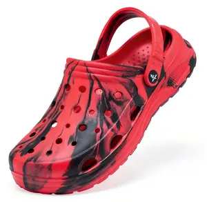 Red Black Swirl Marble Chunky Platform Clogs, Unisex EVA Adjustable Strap Slip On Hole Shoes Non-Slip Casual Garden Beach Shower Sandals