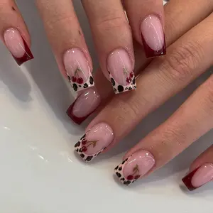 French Leopard Print Cherry Nail Art Set, Wearable French Manicure Kit, Stylish Nail Design for Women, Perfect for Parties & Daily Use