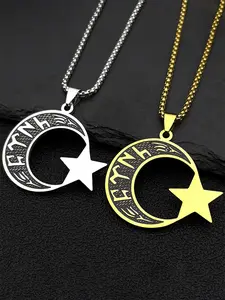Muslim Islam Enamel Crescent Moon Star Stainless Steel Chain Necklaces for Women Men Gold Color Hebrew Necklace Gift Initial Letter Necklace