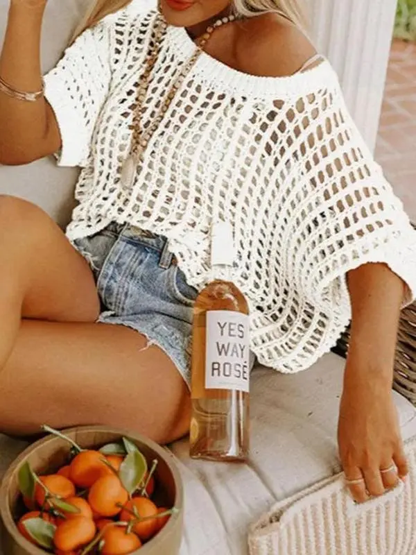 Women's Crochet Knit Top, Casual Short Sleeve Scoop Neck Hollow Out Pullover, Summer Beach Coverup, Knitting, Crochet Work, Knitwear