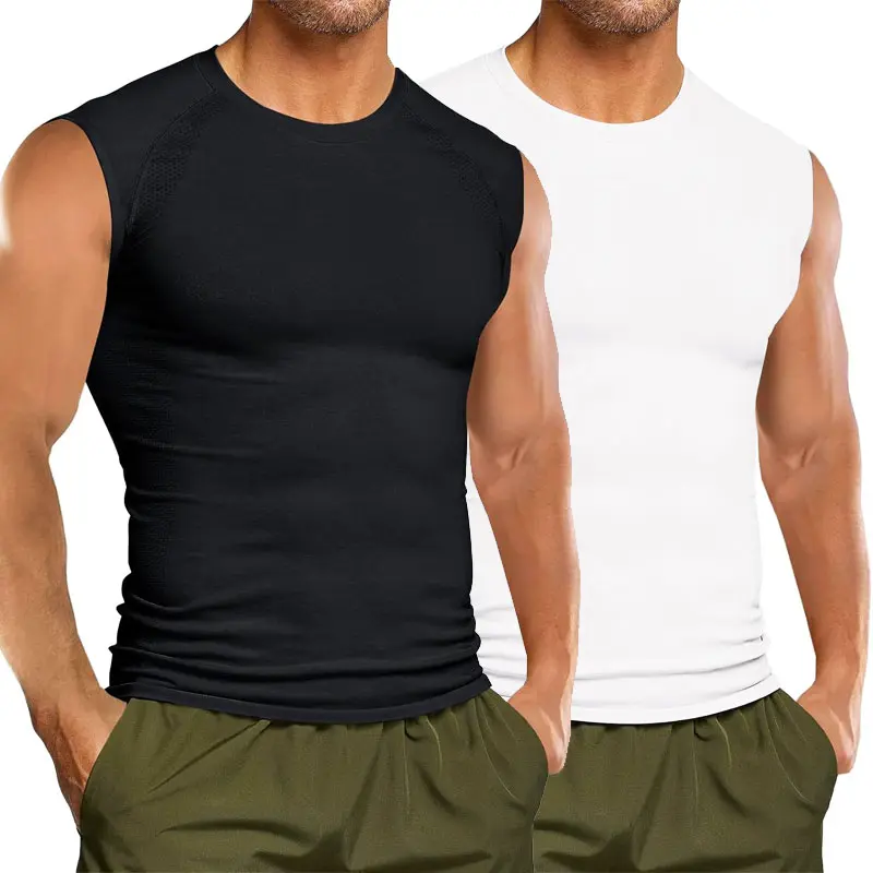 CATTIBOR 1-2 Pack Men's Round Neck Sleeveless Tank Top,Men Athletic Shirts Dry Fit Running Sports Workout Base Layer Undershirt,Men Shapewar Tops Menswear For All Season