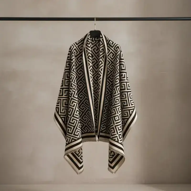 Boho Style Geometric Pattern Double Sided Thickened Shawl, Casual Soft Warm Long Scarf, Fashionable Scarf, Textured Blanket Scarf for Fall & Winter, Fashion Accessories for Women & Men