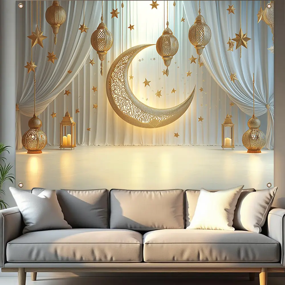 2D Flat Banner 1pc, Ramadan Theme Background, Durable Polyester, Elegant Star Moon Pattern, Room Living Room Party Decor, Home Wall Art, Wall Hanging Backdrop, Outdoor Decoration