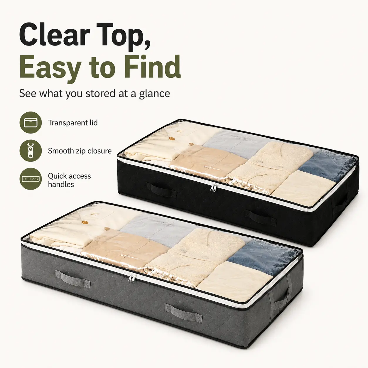 2 Pack Under Bed Storage Containers with Clear Window, Foldable Clothes Bags, Large Capacity Blanket Organizer Bins Handles & Zipper for Bedding, Linens, Seasonal Clothing # heavy-duty packing bag clothe travel pouch