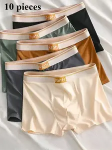 10 Pieces Men's Fashionable Boxer Shorts in Simple Letter and Plain Design, Breathable Comfortable Home Sleepwear Underwear for Teens and Adults, Stretchy Boxer Shorts Brief