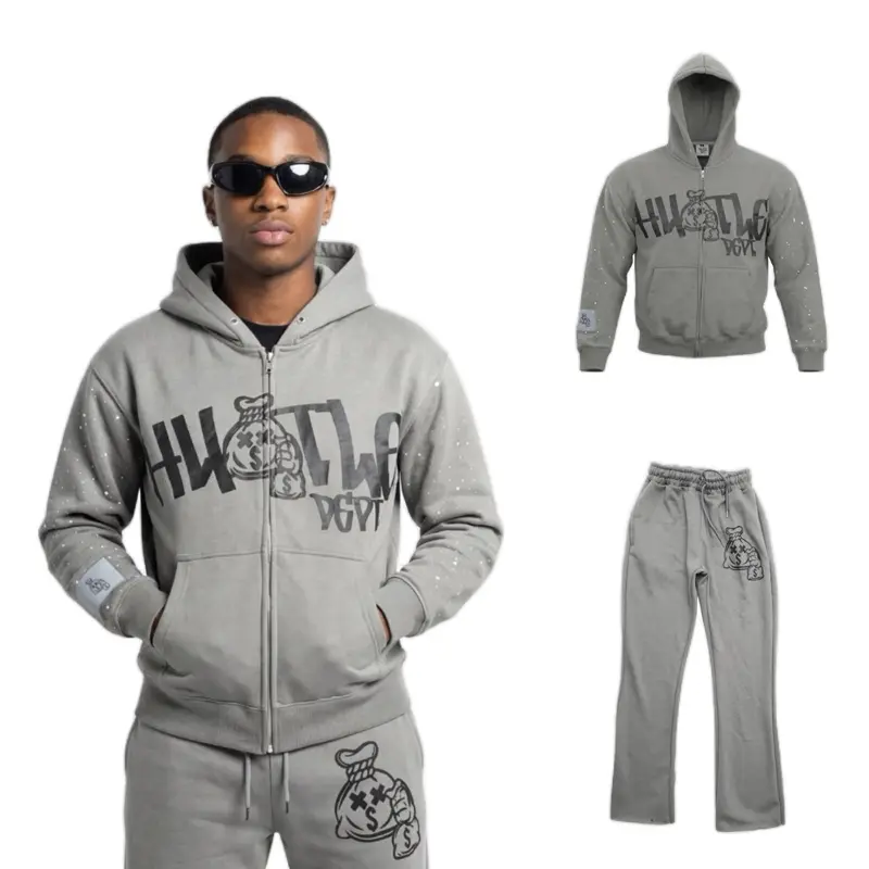 Hustle Dept Unisex Rhinestone Sweatsuits - Gray Hoodie & Pants Set with Front Pockets and Zipper Closure