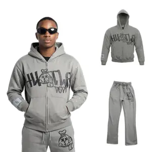 Hustle Dept Unisex Rhinestone Sweatsuits - Gray Hoodie & Pants Set with Front Pockets and Zipper Closure