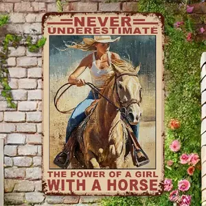 [Aluminum plate signboard]Vintage Metal Wall Art - Retro Cowgirl & Horse Painting "Never Underestimate The Power of a Girl with a Horse" - Rustic Iron Farmhouse Decor for Living Room, Bedroom, Office - No Electricity Needed, Easy to Hang, Cowboy Decor