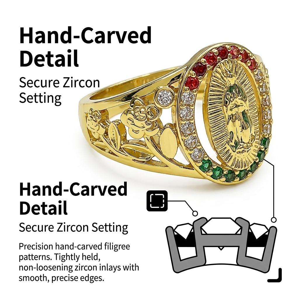 Our Lady of Guadalupe Color Zircon Ring, Vintage Gold Plated Hollow Carved Ring, Religious Prayer Jewelry, Gift for Elderly & Church Members