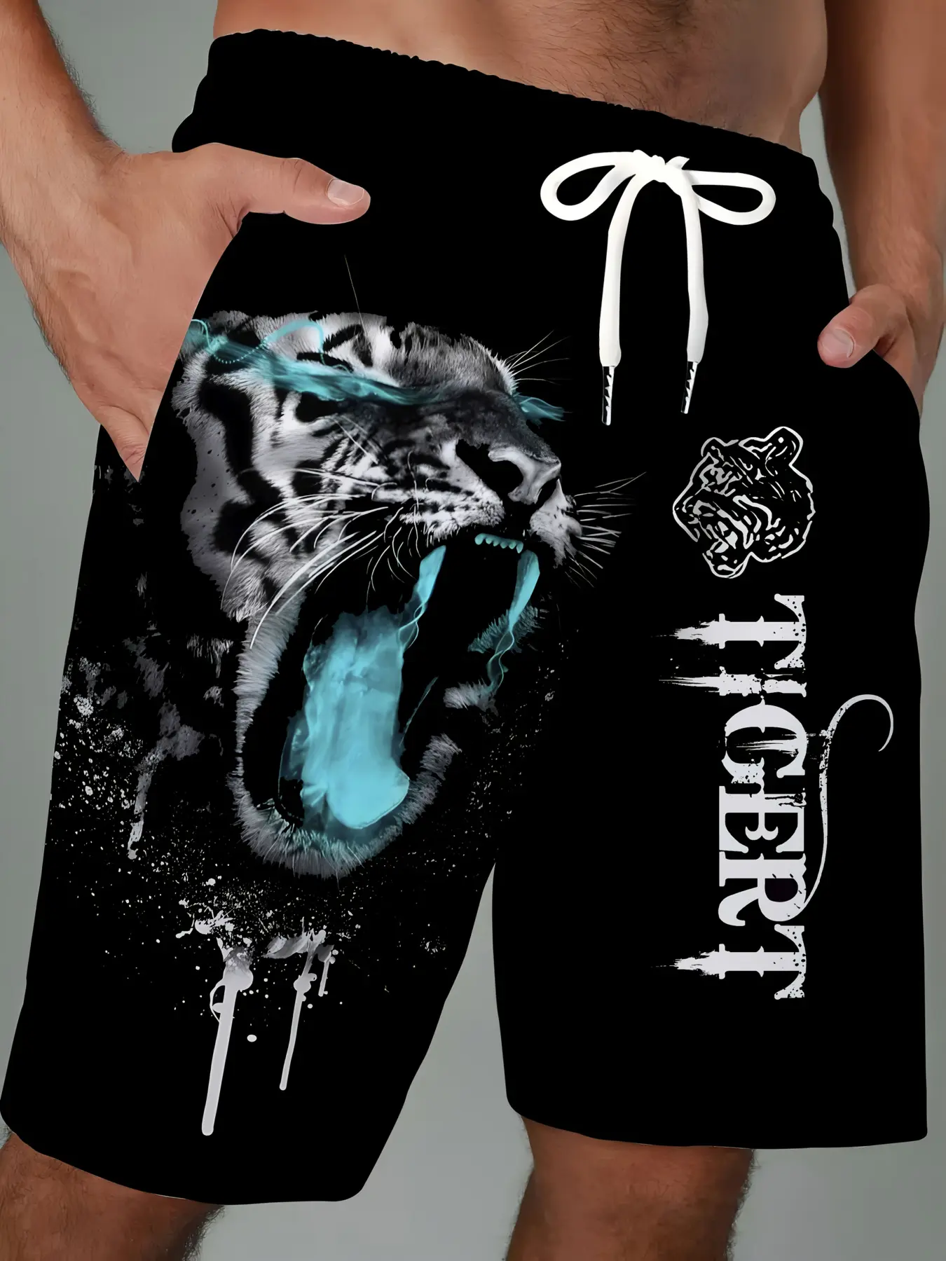 Large-sized men's 3D tiger pattern printed casual shorts, Graphic Print Shorts, Breathable summer sports shorts with adjustable waistband design and pockets, machine washable, suitable for gym wear