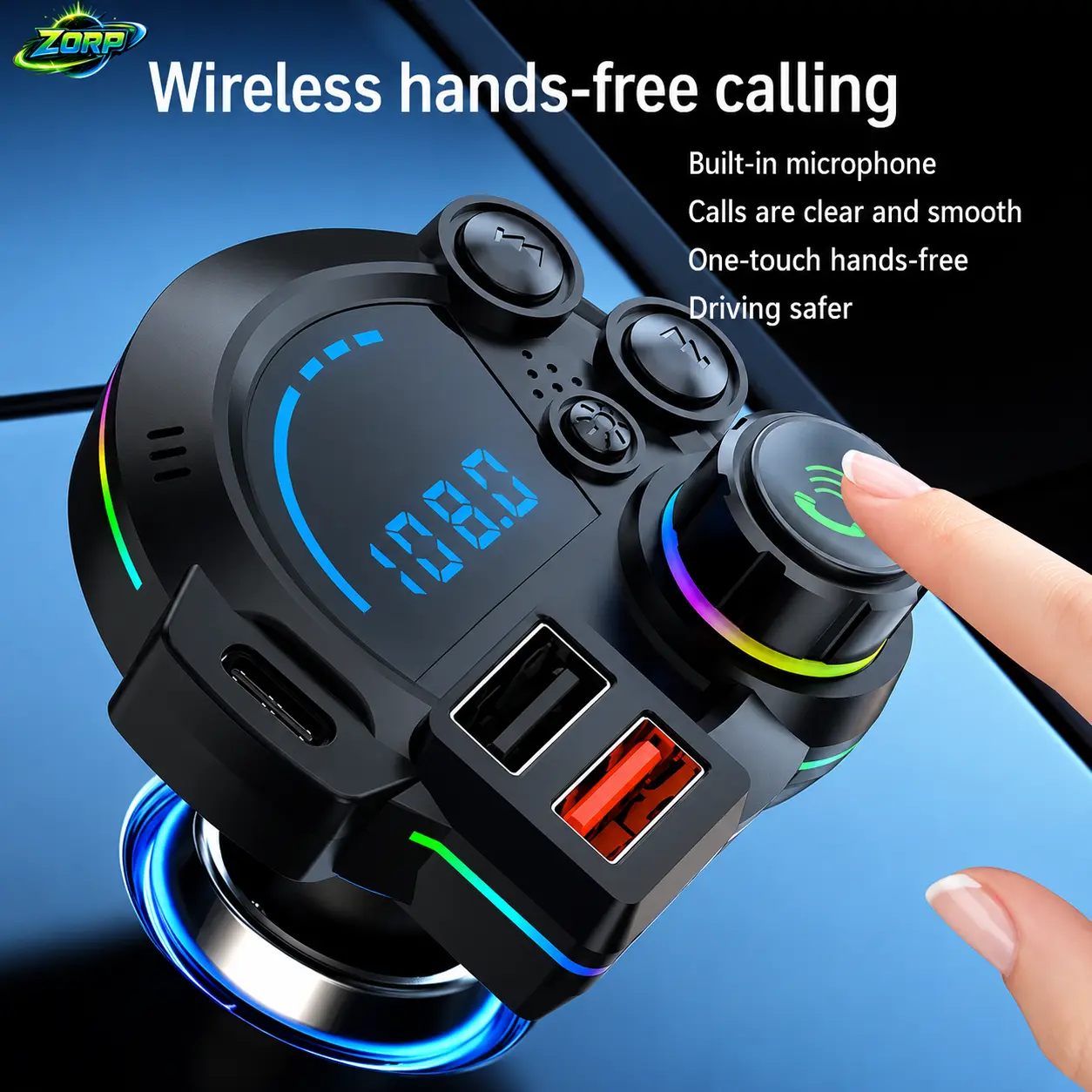 ZORP Car Wireless MP3 Player, PD 30W Type-C Car Charger and Bluetooth 5.3 FM Transmitter, Dual USB Ports, Bass Enhancement, RGB Colorful Radio Adapter, Hands-free Calling, Car Accessory and Road Trip Essential, Compatible with 12V-24V Voltage