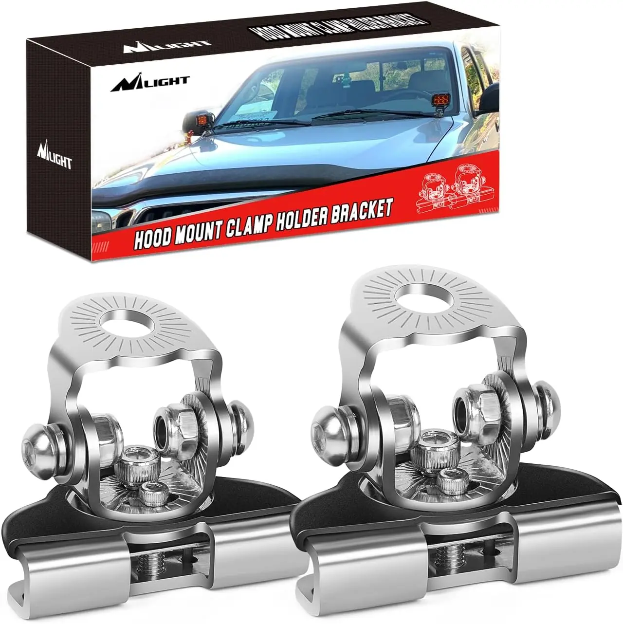 Nilight 2-Pack 8mm Rust-Resist 304 Stainless Steel Car Hood Light Bar Mounts - Anti-Slip Pillar Clamps, Simple Install Silver Universal Brackets w/2x304 Stainless Steel Brackets & 2xHex Allen Wrenches for Off-Road Trucks’ Fog Lights