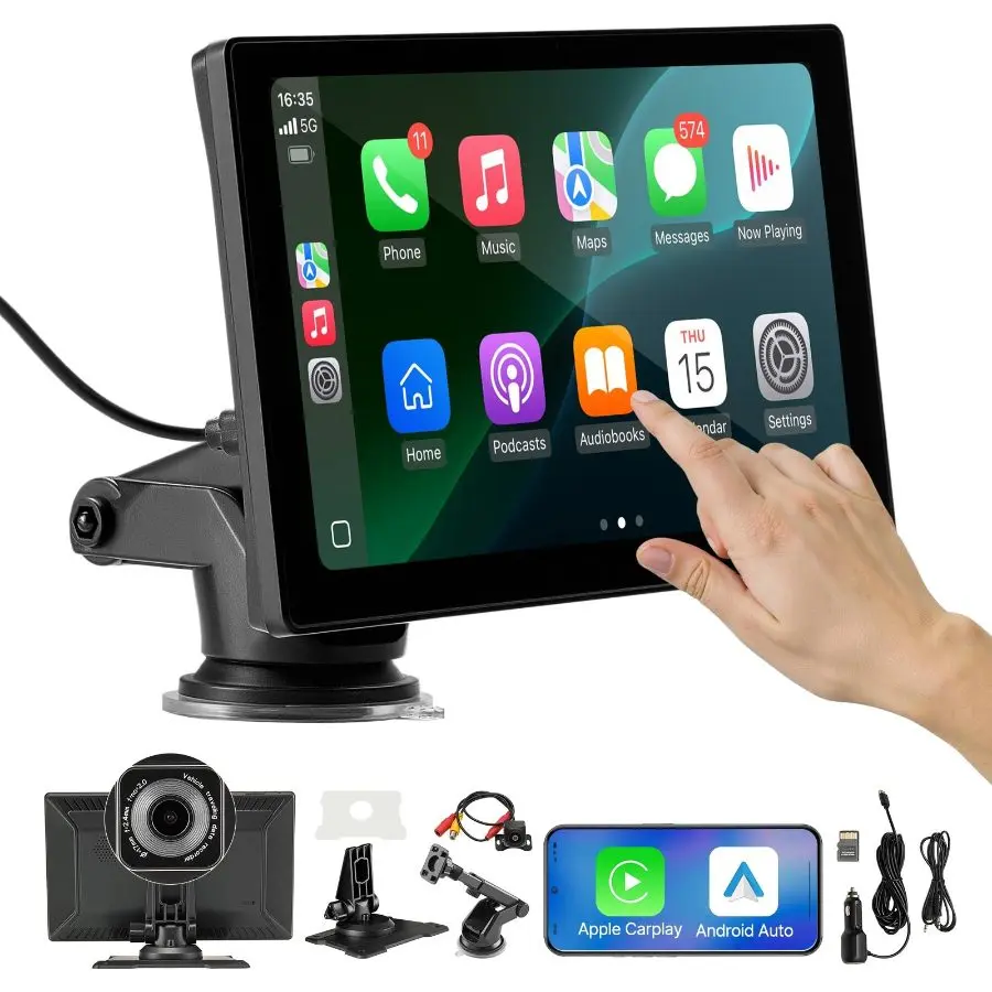 【Summerfinds】 VEVOR Wireless Car Stereo, 9-Inch HD Portable Radio Touch Screen with Apple CarPlay and Android Auto, CarPlay Screen with Front Backup Cameras, Voice Control, Mirror Link, Bluetooth, GPS Navigationdealsforyoudays