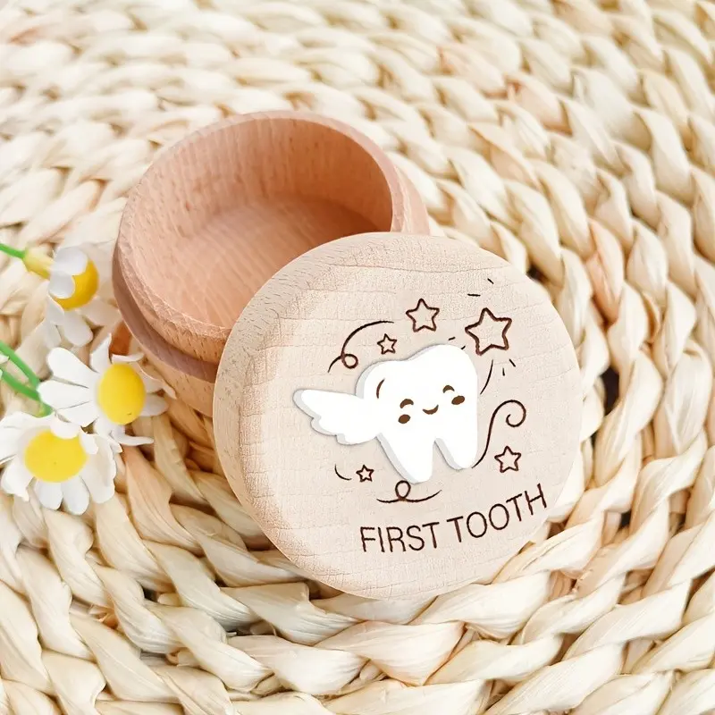 1 wooden "FIRST TOOTH" box with 3D white tooth pattern design, used for tooth preservation, tooth storage, tooth collection, birth souvenirs, home decoration, birthday gifts, Gift Ready