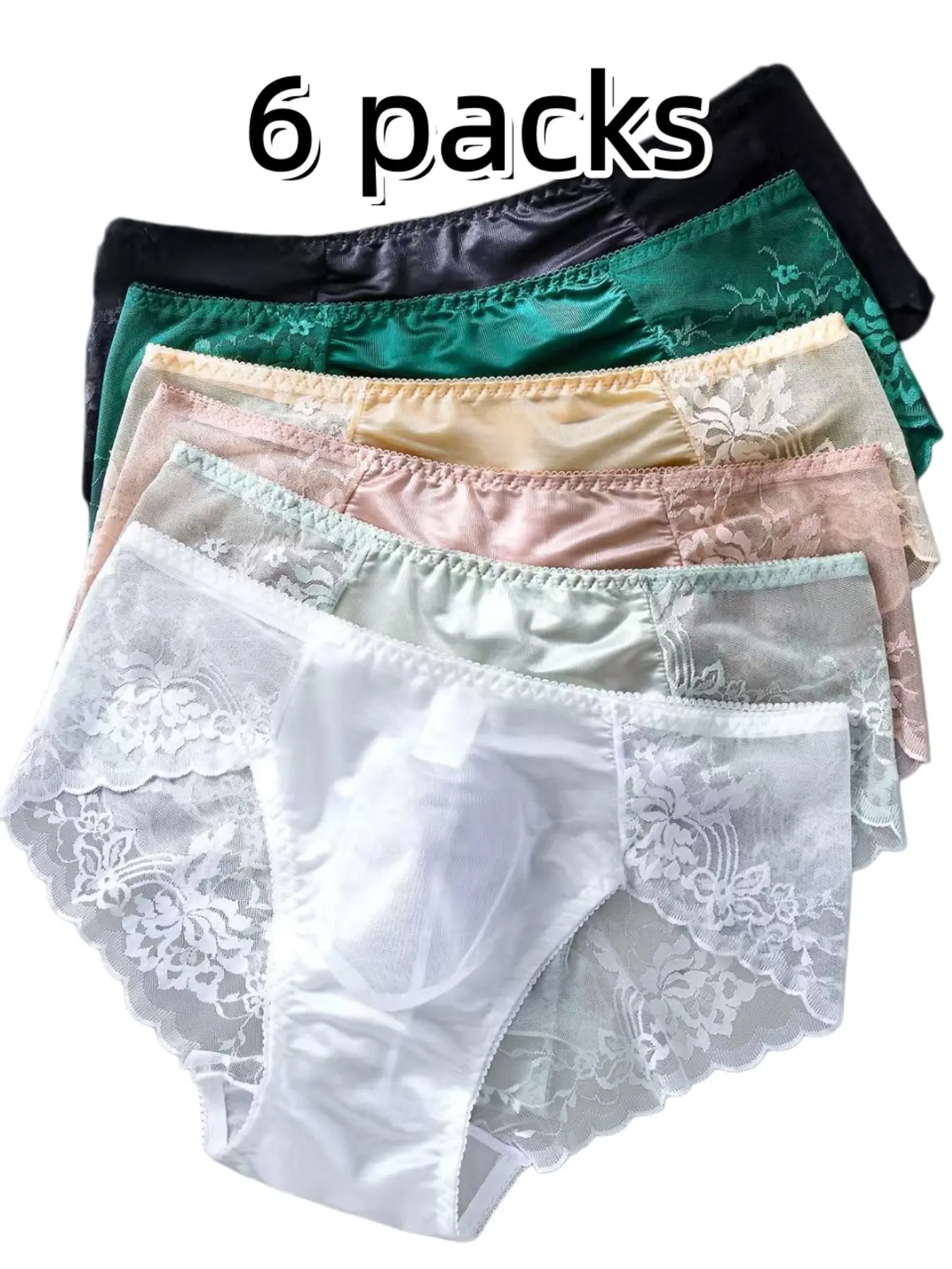 6-Pack Satin Lace Trim Men's Triangle Briefs, Mid-Waist Breathable Sexy Multicolor Set, Casual Fitted Underwear for All Seasons