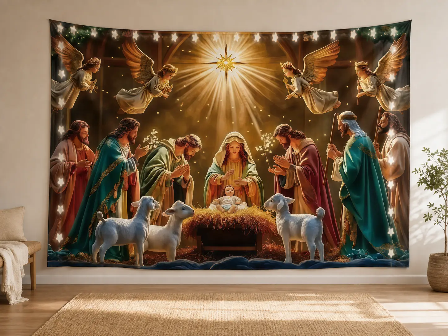 Starry Night Nativity Print Christmas Banner - Magical Floral Polyester Fabric Multipurpose Decor, Hangable No-Electricity Ornament Set for Home Events, Indoors/Outdoors Wall Backdrop Festive Supply
