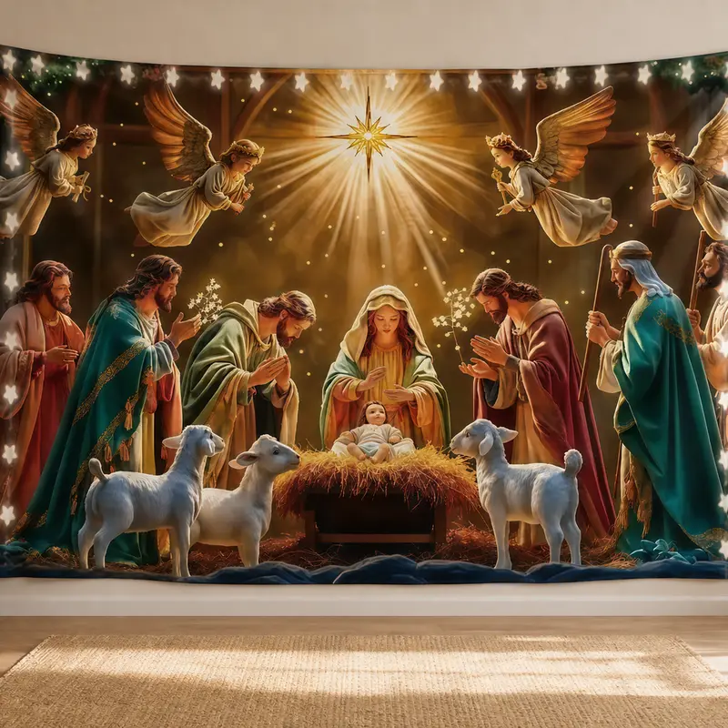 Starry Night Nativity Print Christmas Banner - Magical Floral Polyester Fabric Multipurpose Decor, Hangable No-Electricity Ornament Set for Home Events, Indoors/Outdoors Wall Backdrop Festive Supply