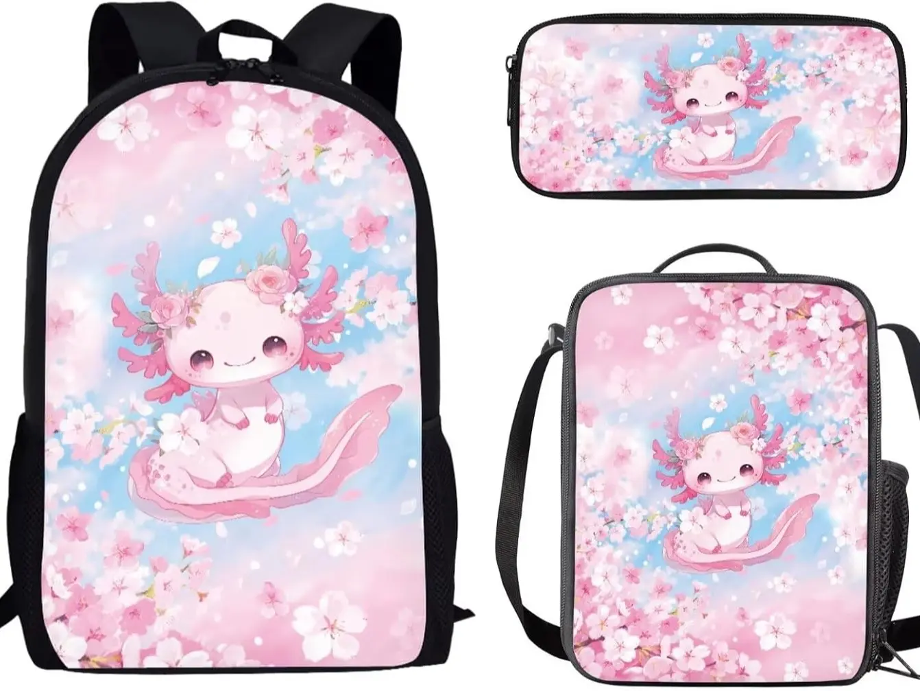 Girls' Polyester 3PCS Axolotl3 Backpack Set - Soft Pastel Pink Cherry Axolotl & Light Blue Sky Prints, Waterproof Large-Capacity School Bag with Insulated Lunch Box & Pencil Pouch, Female Children's Sports Outdoor Gym Shoulder Bag, Back To School, Full Wa