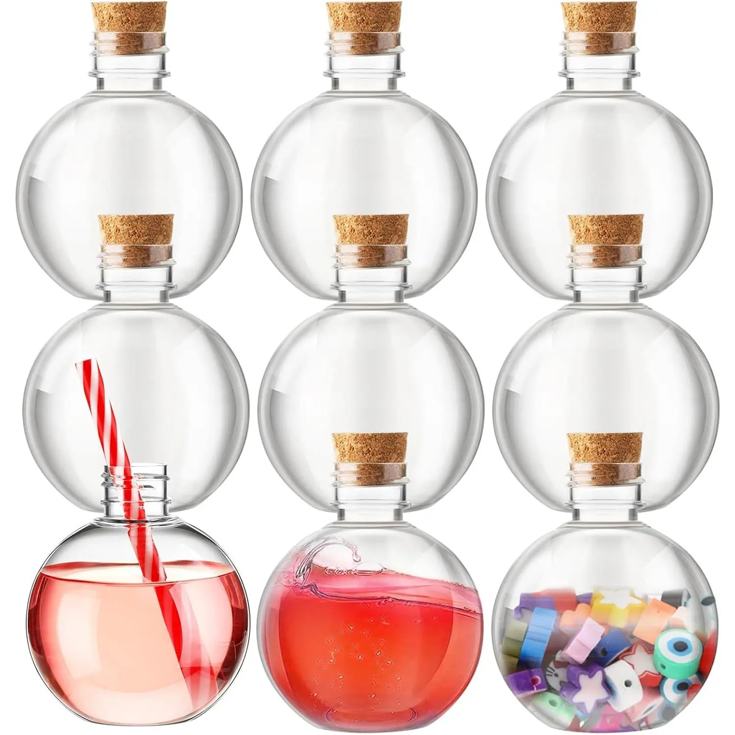 9 Sets 8 oz Spherical Plastic Potion Bottles Clear Cocktail Ornament Cups with Funnels Ball Shape Sand Bottles for Christmas DIY Wedding Party Gift Crafts Decoration (Wooden Topper)