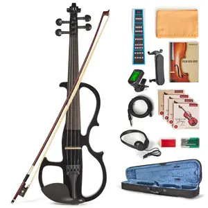 Electric Violin for Beginners - Solid Maple & Spruce, Ebony Fittings, Carbon Fiber Tailpiece, Full Size 4/4 (Black)