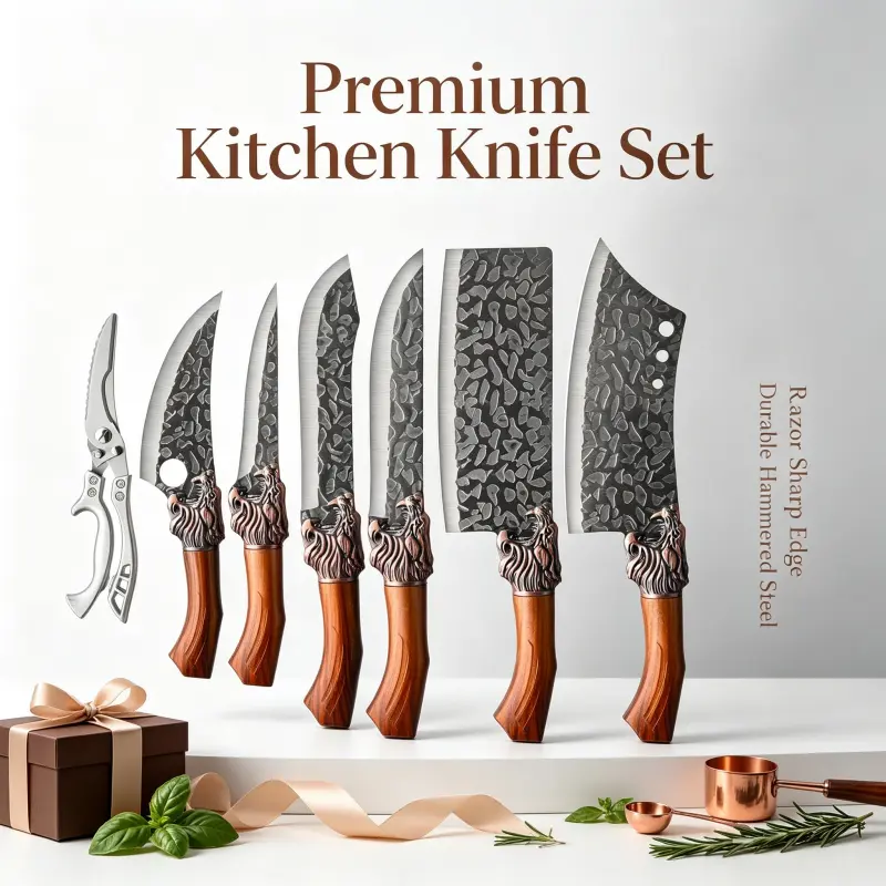 BIEZUMN 7pcs Handmade Hammer-Patterned Stainless Steel Kitchen Knife Set - Hand Forged, Multifunctional for Meal Preparation, Ideal Holiday Gift