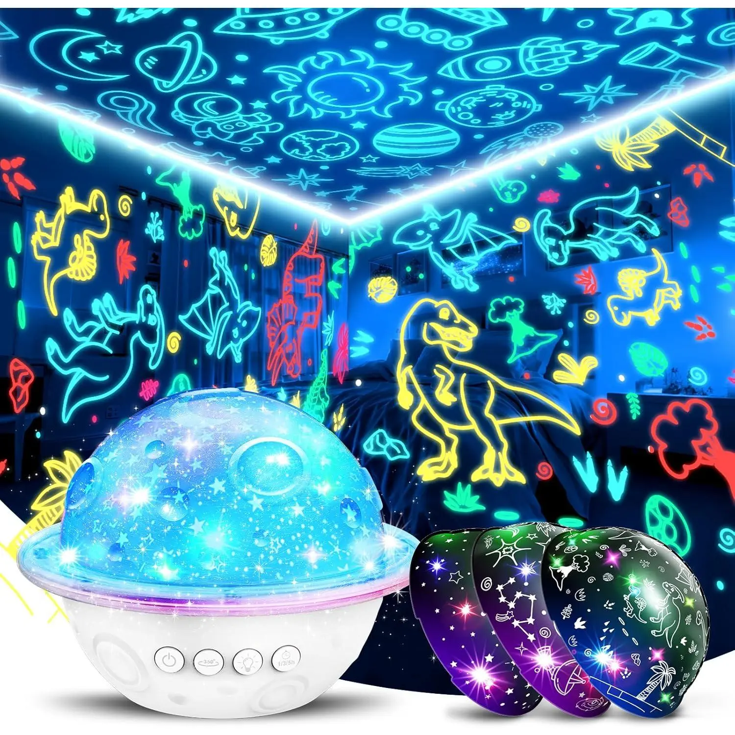 L-PNC005  Night Light Lamp for Kids Room: Planet Night Light Projector for Bedroom Birthday Gifts for 3 4 5 6 7 8 9 10 11 12 Year Old, 4 in 1 Dinosaur & Universe & Star Night Lights Kids Room Decor