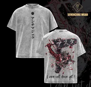 Asta Black Clover Black Bulls Anime Double Printed Vintage Washed Tee Unisex Oversize Anime Manga Washed Heavyweight Cotton T-shirt