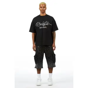 Keoni Black Rhinestone T-Shirt Denim jhort Set