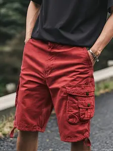 Men’s solid-color outdoor shorts with multiple pockets, 100% cotton, mountain/outdoor style—trendy, cool streetwear American high-street cargo shorts