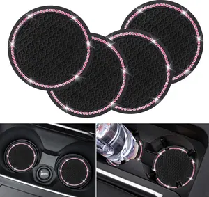 4 Pack Car Coasters, Universal Vehicle Bling Car Coaster, Cute Rhinestone Coaster for Cup Holders,Interior Accessories 2.75'' Silicone Anti Slip Car Coasters for Women (Pink Crystal Circle)