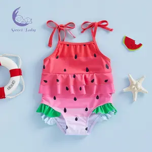 Toddler Girl Swimsuit Summer Sleeveless Tie Straps Layered Ruffles Decor Cute Watermelon Swimwear