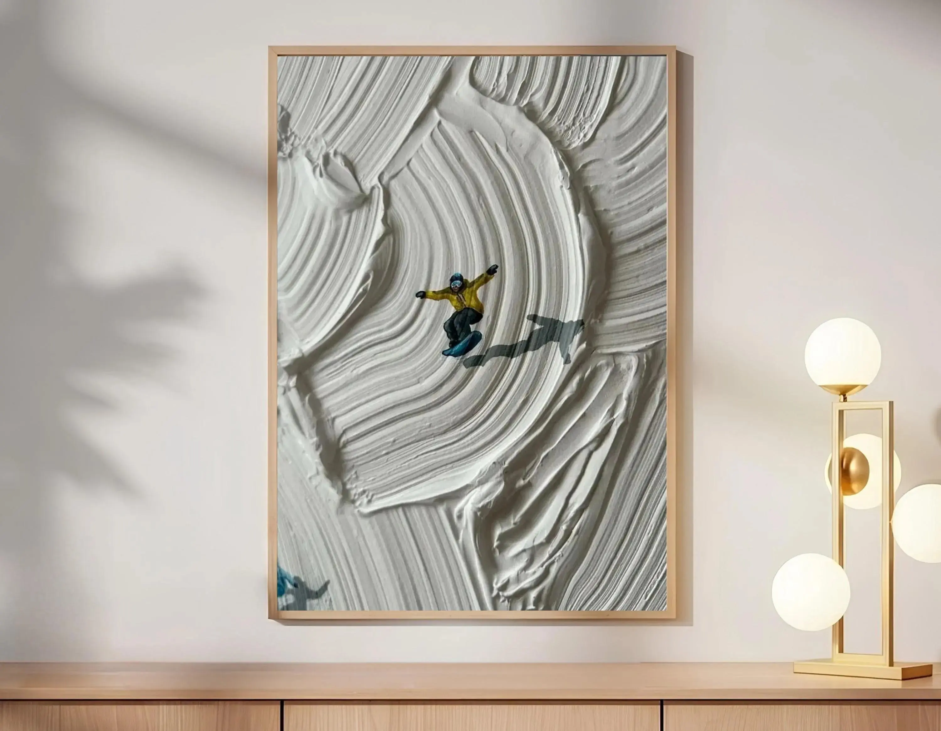 Werner Bronkhorst Style Impasto Snowboard Art Print - Tiny Figure Snow Canvas Poster, Lightweight Synthetic Artwork, Winter Sports Wall Decoration, Ski Resort Home Art Gift