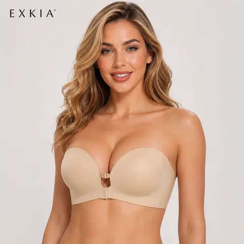 EXKIA Womens Strapless Front Closure Bra Push Up Lift Bra Padded Add Cup Non Slip  Anti-Slip Grip & Removable Straps Fit Outfits Wireless Supportive  Seamless Comfortable A B C Cup #tiktokshopstockup