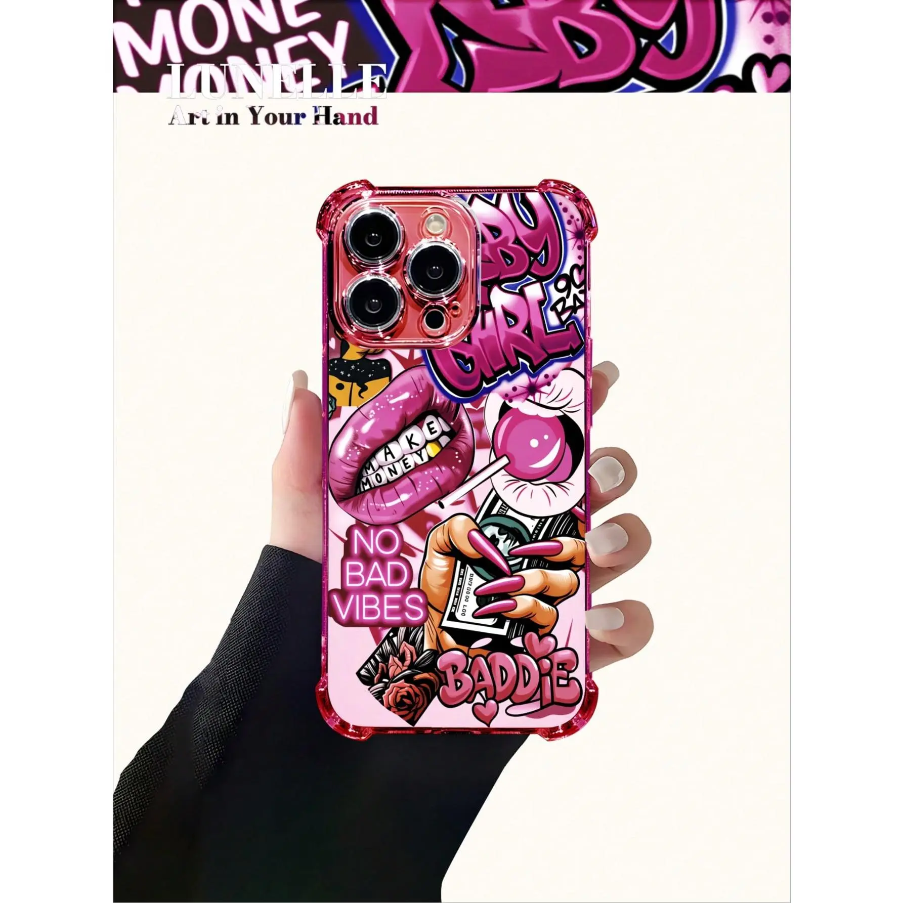 A pink fashion girl graffiti art pattern electroplated phone case with four-corner airbag protection, compatible with iPhone 17/16/15/14/13/12/11/X/XS/XSMAX, suitable as a holiday gift for friends, family, or yourself, Accessories, Smartphone, Cellphone,