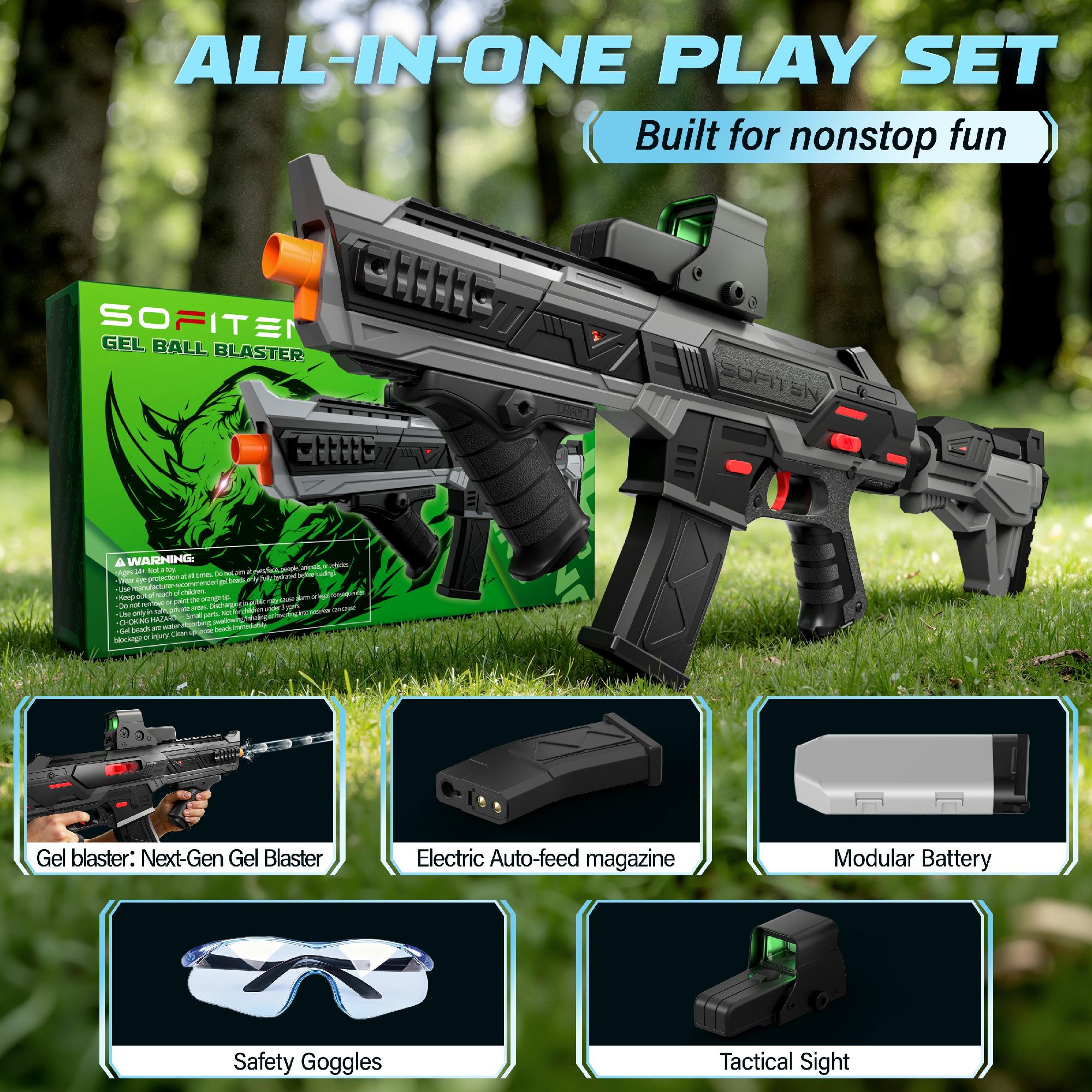 (Gel Balls Not Included) SOFITEN RHINO Electric Gel Ball Blaster - Dual-Modes 200 FPS 170 Ft High Speed Full-auto water ball Blaster 14+Toy gun set with Goggles; Electric Mag Auto-feeding for Outdoor Activities Shooting Game Birthday gift *Eco-Friendly (Gel Balls Not Included) SOFITEN RHINO Electric Gel Ball Blaster - Dual-Modes 200 FPS 170 Ft High Speed Full-auto water ball Blaster 14+Toy gun set with Goggles; Electric Mag Auto-feeding for Outdoor Activities Shooting Game Birthday gift *Eco-Friendly