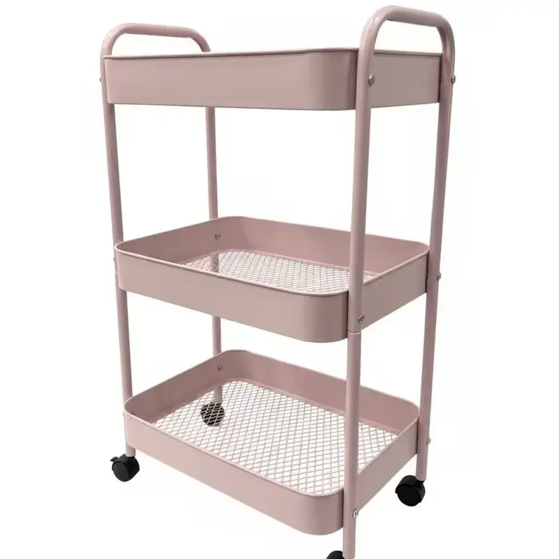 3-Tier Steel Household Storage Cart with Desktop, Lockable Wheels, Hooks, Transparent Cosmetics Organizer, Magnetic Spice-Beverage Holder Set, Foldable Basket for Room Storage Racks (Office, Kitchen Use)
