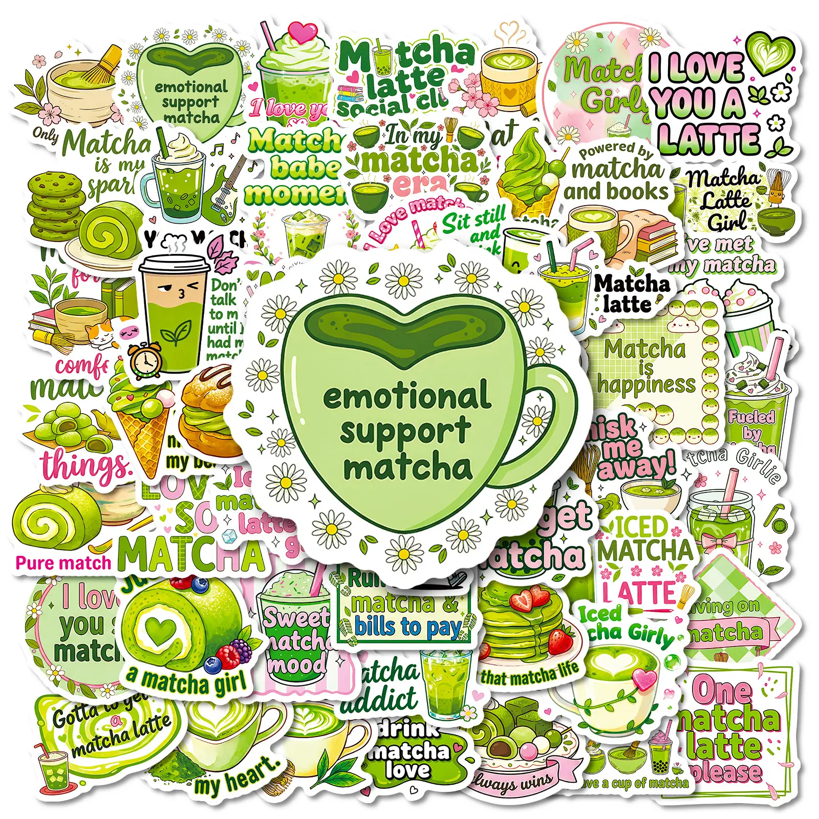 56 Matcha-themed Fun Stickers, Decal Set, Suitable for Scrapbooks, Diaries, Laptops, Water Bottles, Cars, and Other Faith-based Designs—gifts with Positive Messages, Bumper Sticker, Car Decorative Sticker, Multipurpose Car Decal, Decals For Vehicles