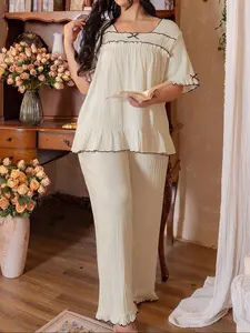 【Plus Size】 Solid Lace Trim Top & Wide Leg Pants Pajama Two-piece Set, Elegant Comfy Short Sleeve Top & Trousers PJ Set, Women's Sleepwear for Spring, Loungewear, Pajamas Pants