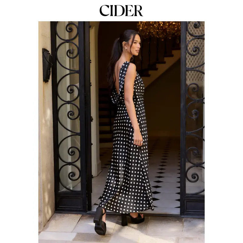 Cider Mesh Polka Dot Cowl Neck Backless Mermaid Maxi Dress