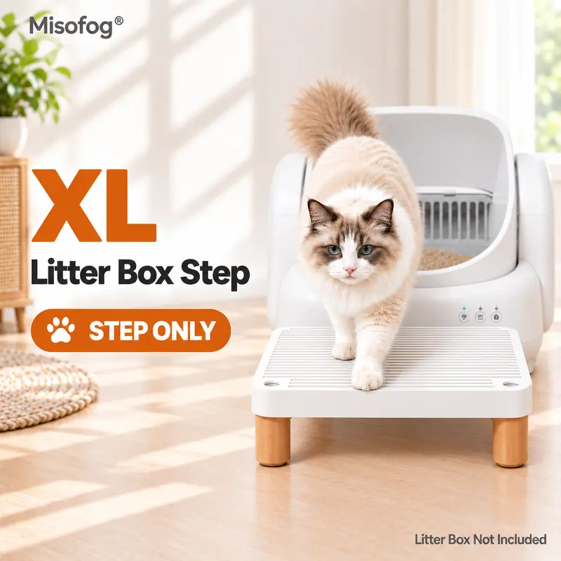 Misofog XL Wood-Legged Cat Litter Box Entry Aid - 11.8"x7.9"x3.6" ABS Step-Ramp, Large Mesh Pedal Trapper, Non-Slip Elevated Step, Easy-Clean Floor Protector, Tracking Reducer for Automatic Litter Boxes, Pet Lovers