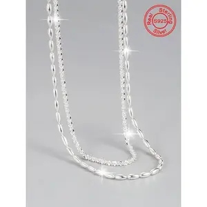 S925 Sterling Silver Double Layer Chain Necklace, Stylish Choker Necklace for Women & Girls, Trendy All-Match & Exquisite Jewelry for Birthday Gift