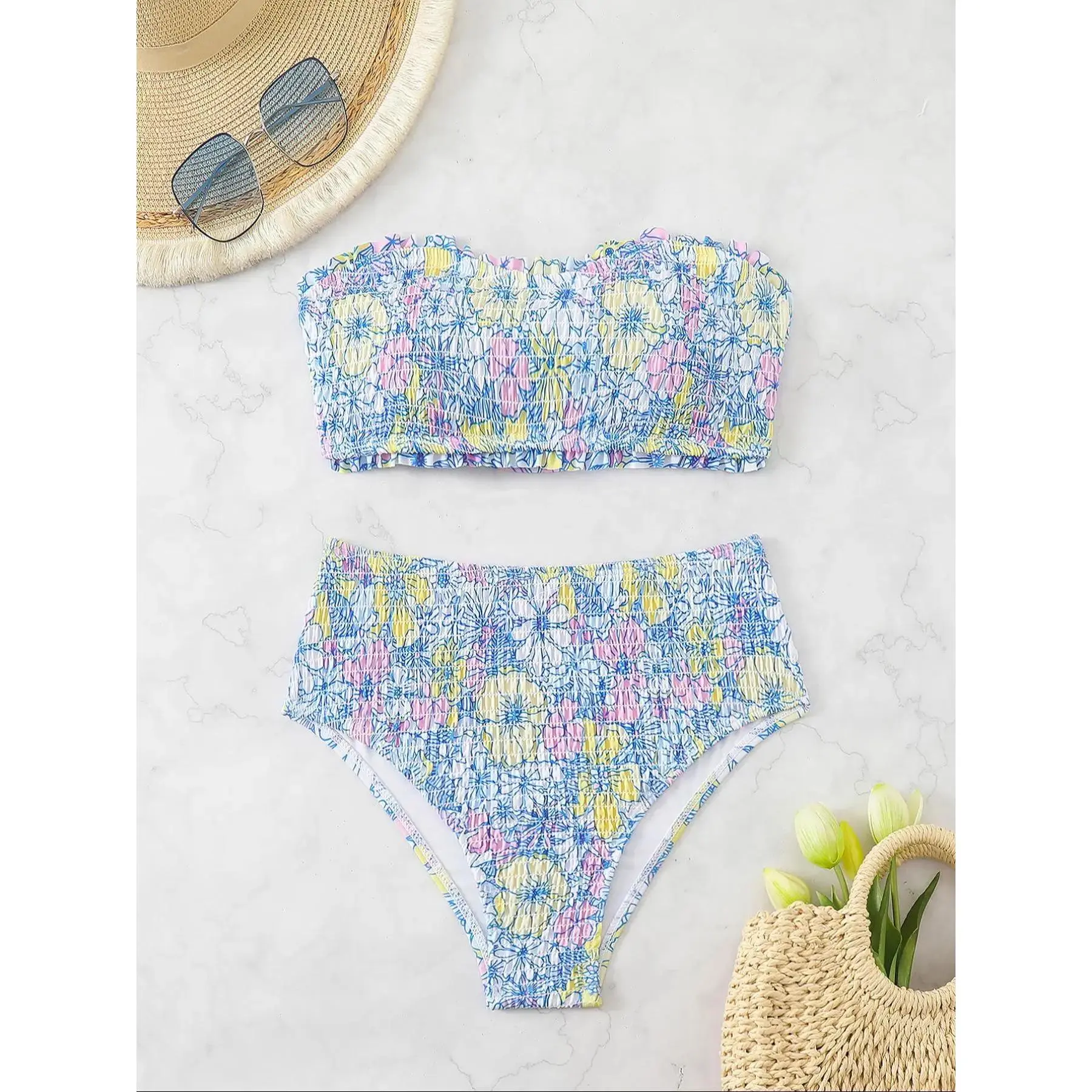 Women's Floral Print Bikini Set, Casual Frill Trim Shirred Bandeau Swim Bra & High Waist Swim Panty, Swimsuit for Beach Holiday Vacation, Flower Print Bikini