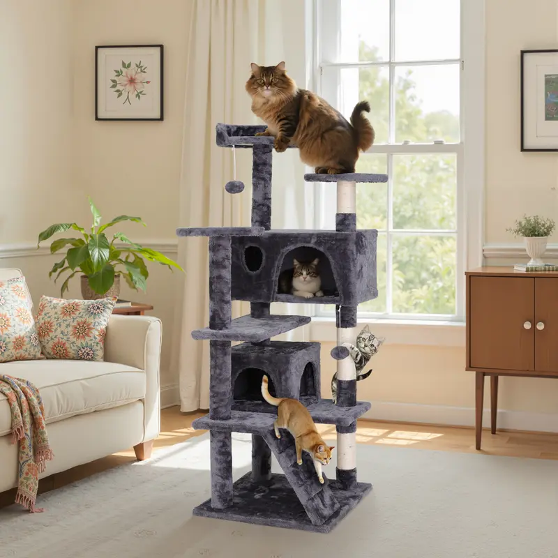 Pet Republic 55-in Dark Gray Small Single Unit Soft Plush Cat Tree Tower - Indoor Sisal Scratch Posts Condo, 26'' L x25.6'' W x55'' H, Vertical Scratcher, Ladder, Dangling Balls, All-Day Snoozes Space, Added Safety Wall Mount Kit for 44lbs Stability