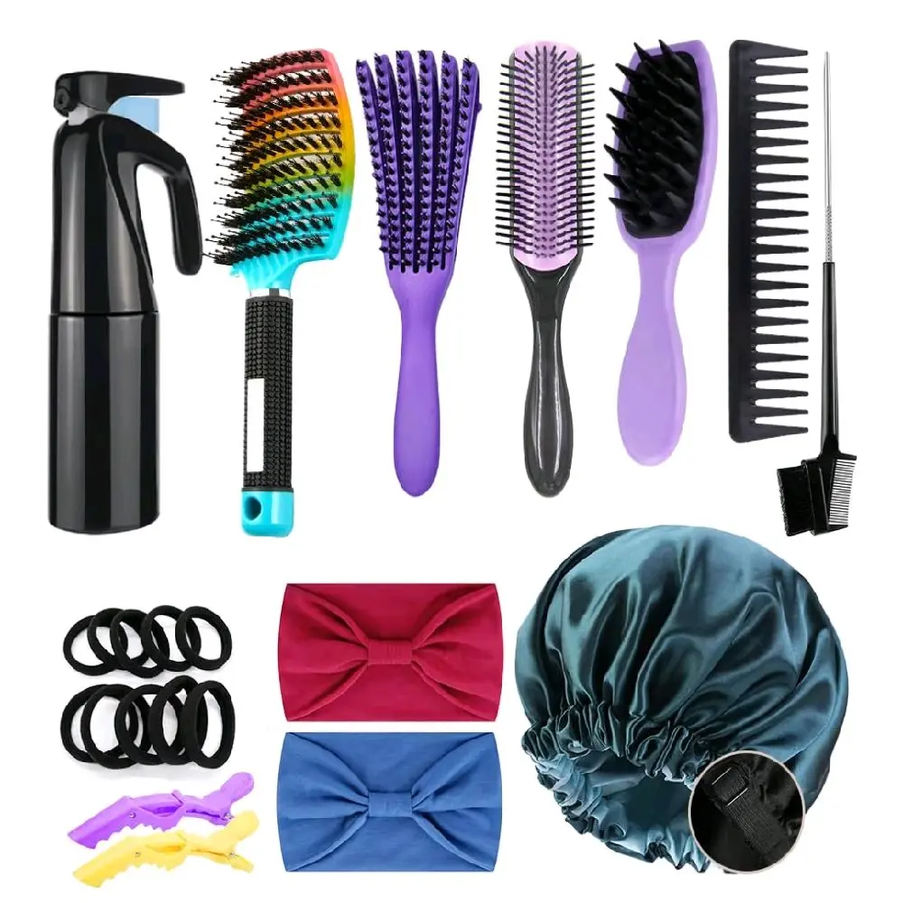 12Pcs Detangling Brush Set for Curly Hair, Curly Hair Brush with Sleep Bonnet Afro America/African 3a to 4c Texture, Easier and Faster on Wash Days